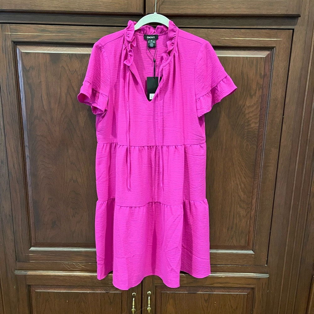 DKNY Fuchsia Ruffle Neck Tiered Dress